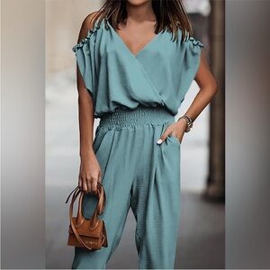 Cold Shoulder Teal Color Jumpsuit - Size Medium
